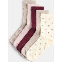 M&S 5 Pack Cotton Rich Floral Crew Socks Natural Mix