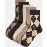 M&S 5 Pack Argyle Sparkle Crew Socks Chocolate Mix