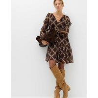 M&S Chiffon Checked Tie Neck Mini Drop Waist Dress Brown Mix