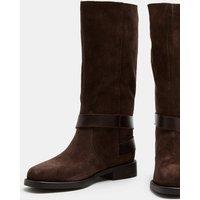 M&S Suede Biker Buckle Block Heel Mid Calf Boots Brown