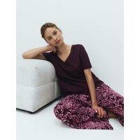 M&S Pure Cotton Printed V Neck Pyjama Set Burgundy Mix