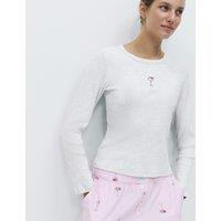 M&S Cotton Modal Ribbed Embroidered Pyjama Top Grey Mix