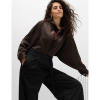 M&S Satin Crepe Funnel Neck Button Detail Blouse Chocolate