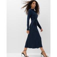 M&S Jersey Tie Waist Slash Neck Midi Waisted Dress Navy