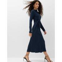 M&S Jersey Tie Waist Slash Neck Midi Waisted Dress Navy