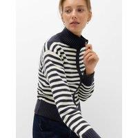 M&S Striped Funnel Neck Zip Up Knitted Jacket With Wool Navy Mix