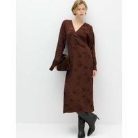 M&S Satin Floral Jacquard V-Neck Midi Tea Dress Brown