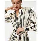 Satin Striped Collarless Midaxi Shirt Dress