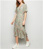 Women's Green Floral Frill Hem Midi Dress New Look