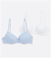 Girls' 2 Pack Pale Blue and White T-Shirt Bras New Look