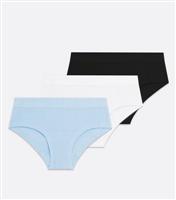 Girls' 3 Pack Blue White and Black Ribbed Seamless Briefs New Look