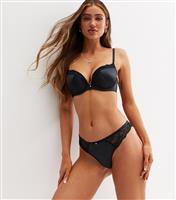 Women's Black Satin Lace Thong New Look