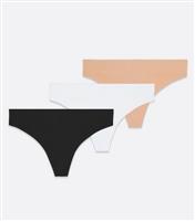 Women's Plus Size 3 Pack Black White and Tan Seamless Thongs Curves New Look