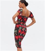 Women's Black Floral Sweetheart Midi Bodycon Dress Little Mistress New Look