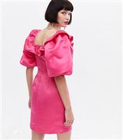 Bright Pink Satin Frill Puff Sleeve Mini Dress New Look