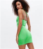 Green Slinky Cut Out Strappy Halter Mini Dress New Look