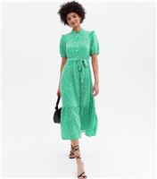 Women's Green Mark Making Print Frill Belted Midi Shirt Dress New Look