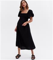 Women's Maternity Black Linen-Look Frill Shirred Midi Dress New Look