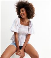 Women's Pink Check Seersucker Peplum Top New Look