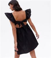 Women's Black Poplin Tie Back Square Neck Mini Dress New Look