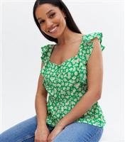 Women's Petite Green Floral Crepe Frill Button Peplum Top New Look