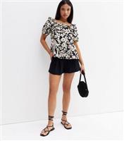 Women's Petite Black Floral Crepe Frill Square Neck Peplum Blouse New Look
