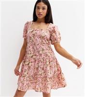 Women's Petite Pink Floral Crepe Tiered Mini Smock Dress New Look