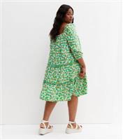 Curves Green Retro Floral Crepe Midi Smock Dress New Look