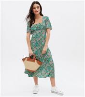 Women's Green Floral Ruched Square Neck Midi Dress Blue Vanilla New Look