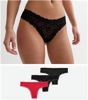 Women's 3 Pack Black Zebra Flocked and Red Lace Trim Thongs New Look