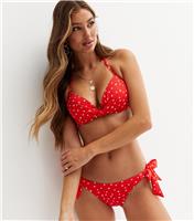 Women's Red Heart Spot Tie Side Hipster Bikini Bottoms New Look