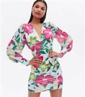 Women's Green Floral Ruched Bodycon Mini Dress Parisian New Look