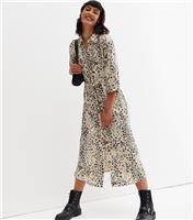 Women's White Leopard Print Jacquard Satin 3/4 Sleeve Midi Shirt Dress New Look