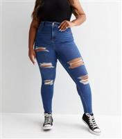 Women's Plus Size Blue Ripped Mid Rise Amie Skinny Jeans Curves New Look