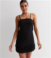 Women's Black Square Neck Strappy Faux Feather Hem Mini Dress New Look