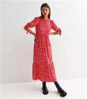 Women's Red Animal Print Tie Sleeve Tiered Midi Dress New Look
