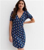 Women's Blue Geometric Short Puff Sleeve Mini Wrap Dress New Look