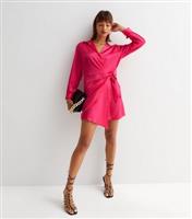 Cameo Rose Bright Pink Satin Long Sleeve Mini Wrap Dress New Look
