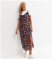 Women's Black Floral Lace Trim Strappy Midi Slip Dress New Look