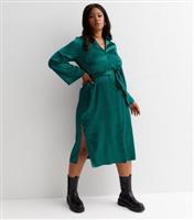 Curves Dark Green Satin Belted Split Hem Midi Shirt Dress New Look