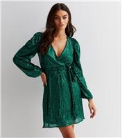 Women's Dark Green Sequin V Neck Long Sleeve Belted Mini Wrap Dress Gini London New Look
