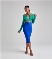 Women's Green Colour Block Halter Long Sleeve Midi Bodycon Dress Urban Bliss New Look