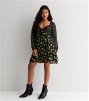 Women's Petite Black Floral Spot Chiffon Long Puff Sleeve Mini Dress New Look