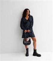 Women's Petite Black Floral Crepe Long Puff Sleeve Lace Trim Mini Dress New Look
