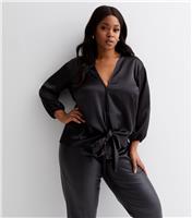 Women's Plus Size Black Satin Long Sleeve Tie Front Blouse Curves New Look