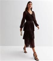 Black Pliss Glitter V Neck Long Sleeve Tiered Midi Dress New Look