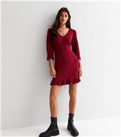 Women's Burgundy V Neck Cropped Sleeve Ruffle Hem Mini Dress New Look