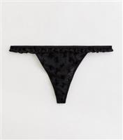 Women's Black Flocked Bow Frill Thong New Look