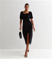 Women's Black Velvet Sweetheart Short Puff Sleeve Midi Dress Gini London New Look