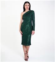 Women's Green Sequin One Shoulder Midi Bodycon Dress Gini London New Look